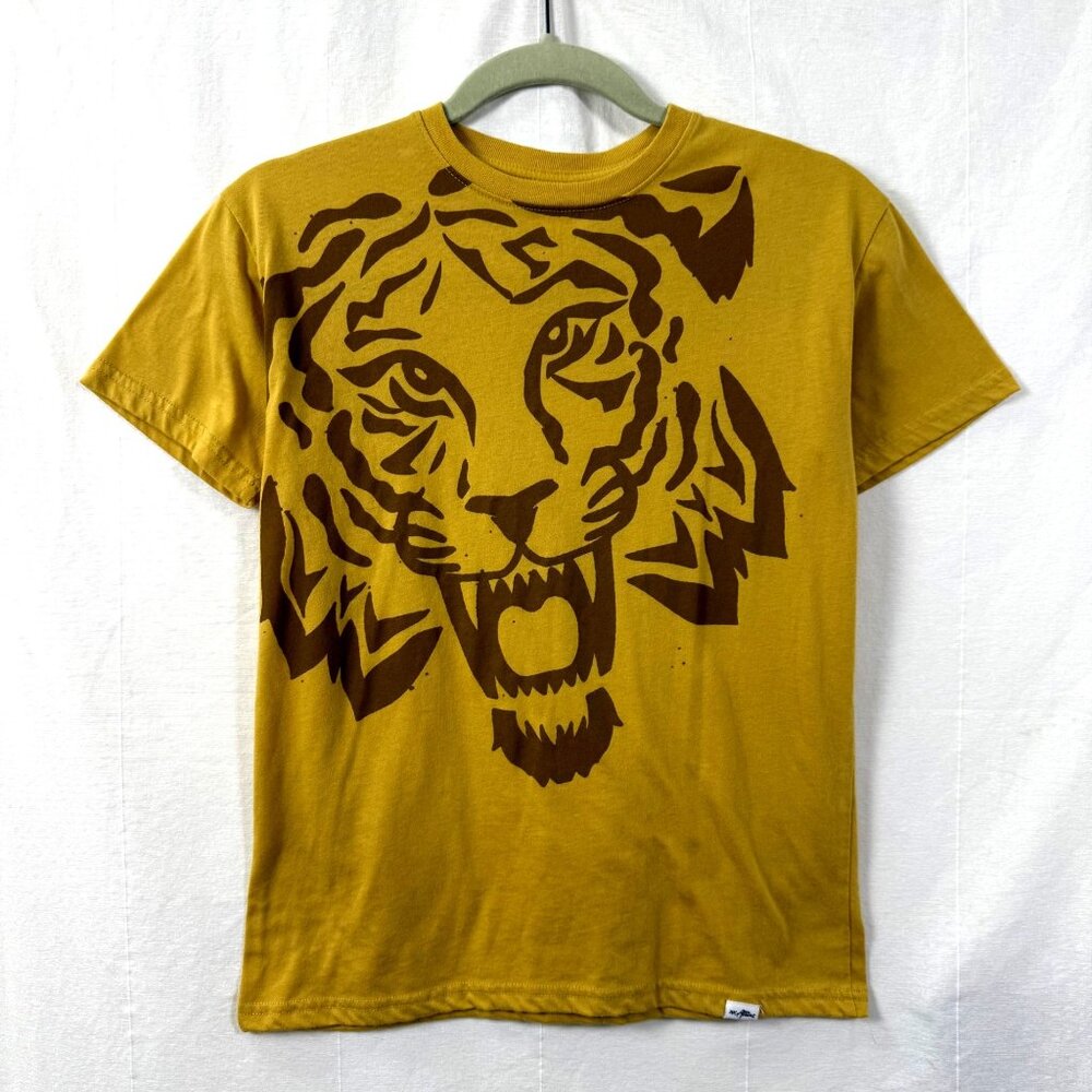 Tiger Print Shirt Womens Sz XS Yellow Double Sided Graphic Tee Atticus Poetry